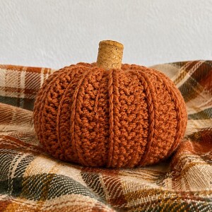 May include: A round, crocheted pumpkin in a solid burnt orange color with a textured, ribbed surface. The top of the pumpkin features a small, cylindrical, light brown cork stem centered in the middle of the crocheted fabric construction.