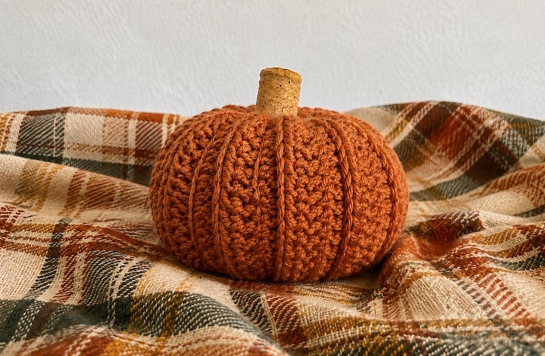 May include: A round, crocheted pumpkin in a solid burnt orange color with a textured, ribbed surface. The top of the pumpkin features a small, cylindrical, light brown cork stem centered in the middle of the crocheted fabric construction.