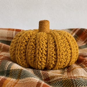 May include: A mustard yellow crocheted pumpkin featuring a textured ribbed pattern and a small, cylindrical cork stem attached to the top center. The pumpkin has a rounded, segmented shape created by vertical stitches that define its form.