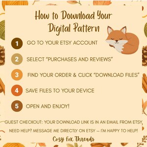 Puede incluir: Un gr&aacute;fico de instrucciones titulado How to Download Your Digital Pattern con una ilustraci&oacute;n de un zorro durmiendo. Enumera cinco pasos para usuarios de Etsy, incluye informaci&oacute;n para invitados y est&aacute; firmado por Cozy Fox Threads.