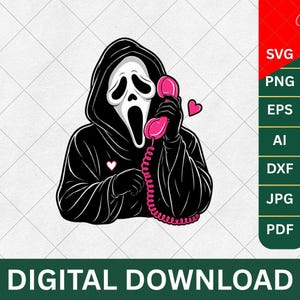 Può includere: Un'illustrazione grafica di una figura incappucciata con una maschera da fantasma bianca che tiene in mano una cornetta telefonica rosa brillante. La figura indossa una tunica nera ed è circondata da piccoli cuori rosa con un cavo a spirale.