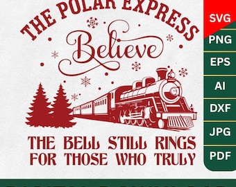 Könnte beinhalten: Rote und weiße Grafik mit dem Text "The Polar Express" und "Believe". Das Bild enthält eine Zugillustration, Schneeflocken und Weihnachtsbäume. Der Text "The bell still rings for those who truly" ist ebenfalls vorhanden.