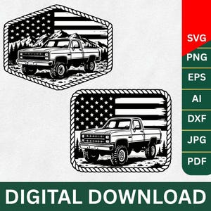 Pode incluir: Gráfico de download digital em preto e branco com duas ilustrações de uma picape com fundo de bandeira americana. O texto "DOWNLOAD DIGITAL" está na parte inferior, com opções de tipo de arquivo à direita.