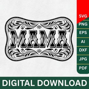 Op de afbeelding: Zwart-wit digitaal ontwerp met het woord "MAMA" in een decoratief lettertype, omlijst door een sierlijke, touwachtige rand. Het ontwerp bevat bloemen- en krulmotieven. De woorden "DIGITALE DOWNLOAD" staan onderaan.
