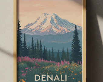 Denali nationalpark-affisch – Retro väggkonst med berg i Alaska, vintage vildmarksdekor