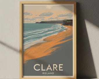 Plakat podróżniczy do hrabstwa Clare w Irlandii: wydruk artystyczny w stylu retro na plaży