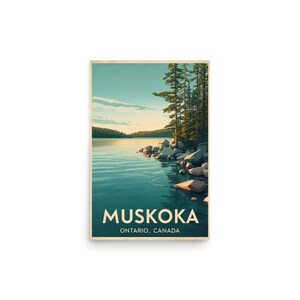 Muskoka Ontario Travel Poster, Canada Wall Art, Lake and Pine Forest Landscape Print