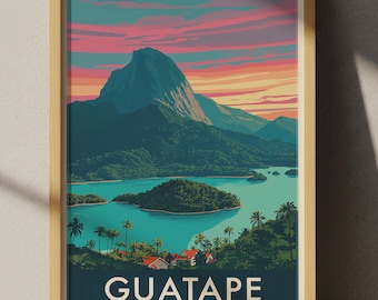 Plakat podróżniczy Guatapé Kolumbia: Kolorowe kamienice i Piedra del Peñol