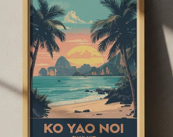 Plakat podróżniczy z Ko Yao Noi w Tajlandii: tropikalna wyspa i wapienne klify
