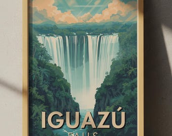 Plakat podróżniczy Wodospady Iguazu – Argentyna, Brazylia, styl retro, minimalistyczna ilustracja wodospadu w dżungli