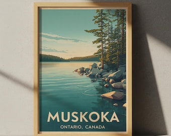 Muskoka Ontario Travel Poster, Canada Wall Art, Lake and Pine Forest Landscape Print