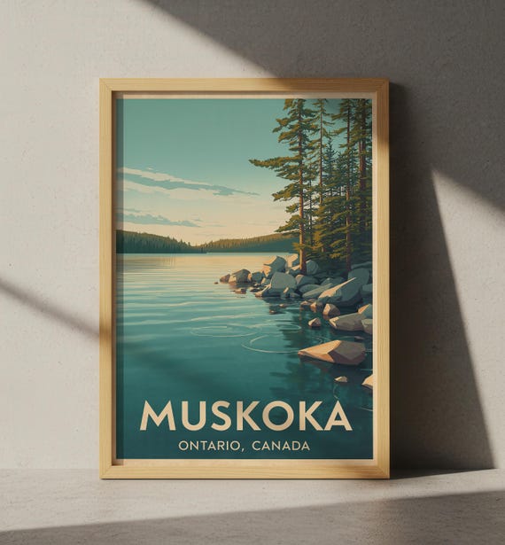 Muskoka Ontario Travel Poster, Canada Wall Art, Lake and Pine Forest Landscape Print