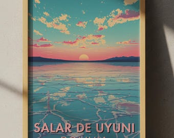 Plakat podróżniczy Salar de Uyuni: retro wydruk artystyczny o zachodzie słońca na salinach
