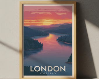 Plakat podróżniczy do Londynu w Ontario – wydruk retro z jeziorem Fanshawe
