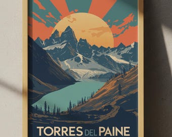 Torres del Paine Patagonia Poster: Retro Mountain Landscape Art