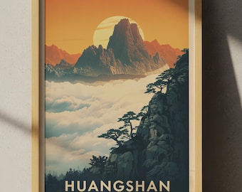 Plakat podróżniczy Huangshan w Chinach – Żółta Góra, dekoracja ścienna z mglistymi szczytami w chińskim krajobrazie