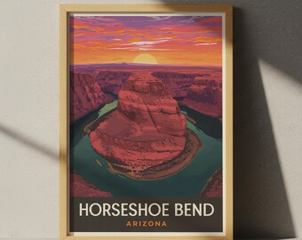 Plakat podróżniczy Horseshoe Bend, sztuka ścienna w Arizonie, wydruk retro z krajobrazem natury, minimalistyczny wystrój pustyni