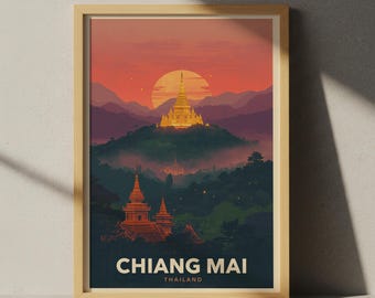 Chiang Mai Temple Travel Poster: Vintage Asian Landscape Art