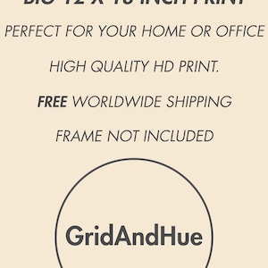 May include: Print information on a beige background. Text reads "BIG 12 X 18 INCH PRINT" and "HIGH QUALITY HD PRINT." A circular logo with the text "GridAndHue" is at the bottom. The print is 30.48 cm x 45.72 cm.