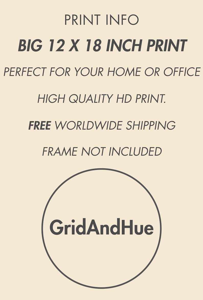 May include: Print information on a beige background. Text reads "BIG 12 X 18 INCH PRINT" and "HIGH QUALITY HD PRINT." A circular logo with the text "GridAndHue" is at the bottom. The print is 30.48 cm x 45.72 cm.