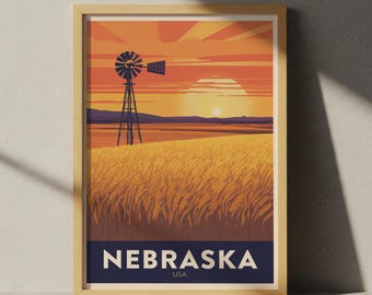 Nebraska Travel Poster | Vintage Wheat Fields & Windmill Art Print