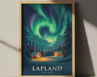 May include: Framed art print depicting a Lapland landscape under the Northern Lights. The artwork features a vibrant green and purple aurora borealis over a snowy scene with cabins and pine trees. The text "LAPLAND FINLAND" is at the bottom.