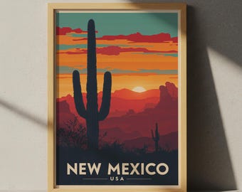 Pôster de viagem retrô do Novo México: impressão de cactos e paisagens desérticas