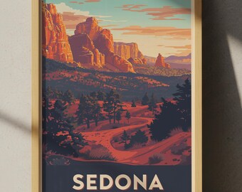 Plakat podróżniczy Retro Sedona: Minimalistyczny krajobraz z czerwonymi skałami