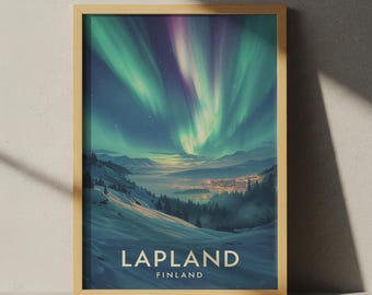 May include: A framed print featuring a vibrant depiction of the Northern Lights over a snowy landscape. The artwork showcases a dynamic display of green and purple hues, with the text "LAPLAND FINLAND" at the bottom. The frame is a light wood color.