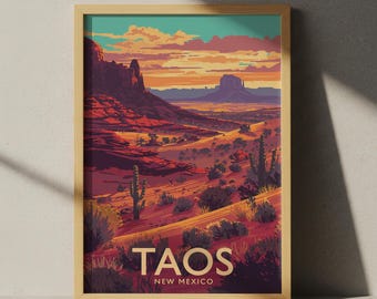 Plakat podróżniczy Taos, Nowy Meksyk, sztuka ścienna USA, góry pustyni i wydruk krajobrazowy Adobe