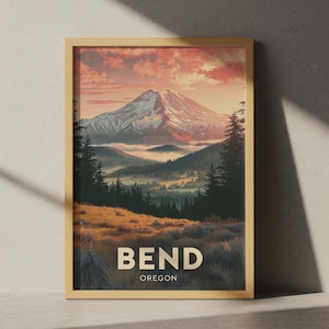 Bend Oregon Travel Poster, USA Wall Art, Mountain and Pine Forest Landscape Print