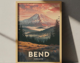 May include: A framed landscape art print featuring a mountain scene with a snow-capped peak under a sunset sky. The artwork includes a forest and a field of tall grass. The text "BEND OREGON" is at the bottom.