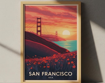 Plakat podróżniczy z San Francisco – grafika ścienna z mostem Golden Gate, plakat retro vintage z USA