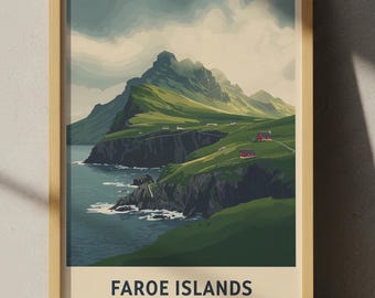 Plakat podróżniczy z Wyspami Owczymi – nordycki krajobraz, klify i ocean, skandynawski wystrój domu
