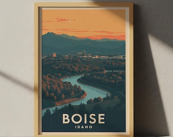 Plakat podróżniczy Boise w Idaho | Minimalistyczna sztuka ścienna | Grafika z motywem górskiego miasta | Wystrój domu w stylu vintage