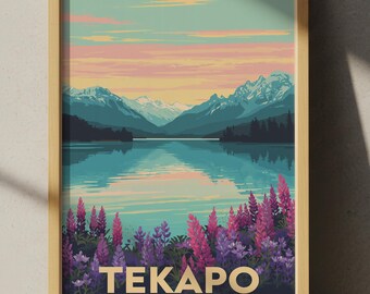 Plakat podróżniczy nad jeziorem Tekapo: Jezioro Turkusowe i Alpy Południowe, wydruk artystyczny
