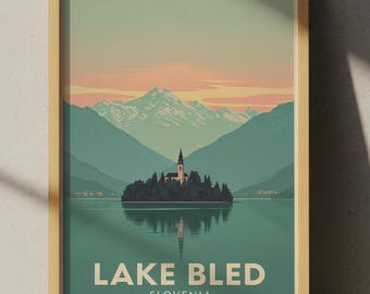 Póster de viaje del lago Bled, Eslovenia: Iglesia isleña, paisaje alpino (impresión de 30,5 x 45,7 cm)