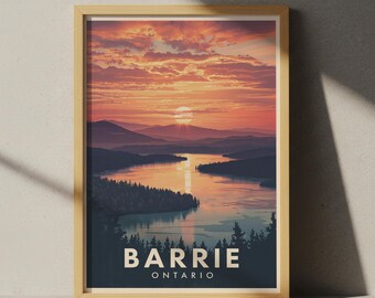 Plakat podróżniczy do Barrie w Ontario – wydruk artystyczny w stylu retro z zatoki Kempenfelt