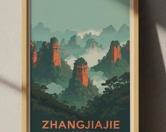 Plakat podróżniczy do Zhangjiajie w Chinach – Avatar Mountains, dekoracja ścienna z malowniczym chińskim krajobrazem