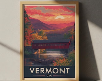 Herfstposter Vermont: retro reisafdruk overbrugde brug