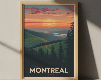 Plakat podróżniczy do Montrealu – Zachód słońca na Mount Royal, sztuka ścienna w stylu retro