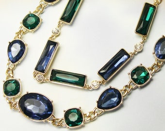 Avon Jewel Tone Necklace NRQ Statement Double Chain Blue Green Glass Cabs Layered Gold Tone retro old antique collectible jewelry Lizones