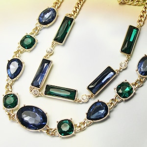 Avon Jewel Tone Necklace NRQ Statement Double Chain Blue Green Glass Cabs Layered Gold Tone retro old antique collectible jewelry Lizones