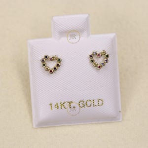 14K Yellow Gold Heart Stud Earrings with Rainbow Colors · Secure Screw Back · Dainty & Elegant.