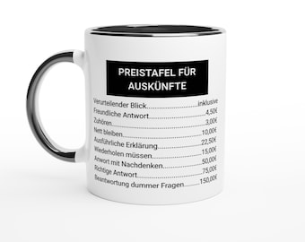Divertida taza de oficina "Lista de precios para información" – Taza de café atrevida con frase – Regalo para colegas, jefes, humor de oficina
