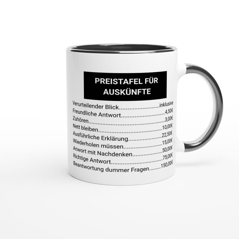 Funny office mug "Price list for information" – Cheeky coffee mug with saying – Gift for colleagues, boss, office humor image 4