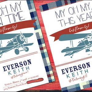 Vintage Airplane Boy First Birthday Invitation, Biplane, My Oh My How Time Flies, Aviator Invite, Birthday, Boy Birthday idea, DIGITAL File