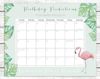 Guess Baby's Birthday Due Date Prediction Calendar Flamingo, Anchor, Whale, Summer Luau Theme Shower Game, Boy or Girl Shower Game Blue Pink