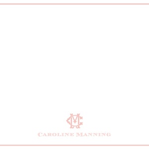 May include: A white card with a pink border and a pink monogram of the letters "CM" in a decorative font. The text "CAROLINE MANNING" is printed below the monogram.