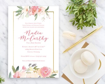 Digital Engagement Invitations Pink Floral Watercolor . She Said Yes . Bridal Shower . Baby Girl Shower . Sprinkle . Bachelorette . Birthday